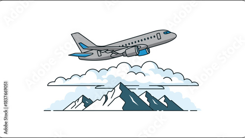 Airplane soars over mountains and puffy clouds