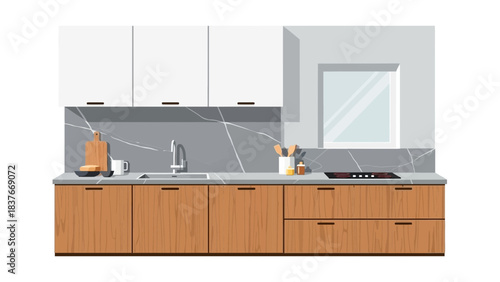 Vector illustration of a modern kitchen with wooden cabinets and white overhead storage by a window