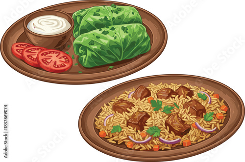 Traditional Middle Eastern and Central Asian Cuisine Vector Illustration Set, Pilaf, Dolma, Kebab, and Delicious Savory Dishes, Authentic Hand-Drawn Food Collection for Menu Design. (24 words)