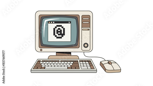 A vintage computer setup with a monitor, keyboard, and mouse on a white background