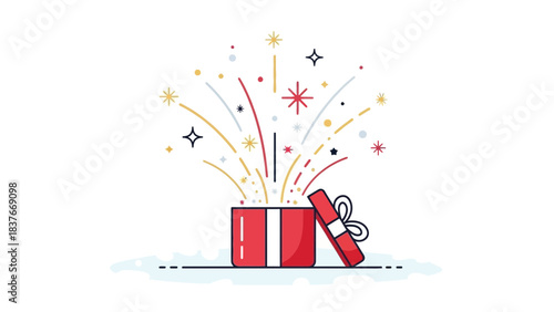 Line art of red gift box with colorful celebratory bursts on white background