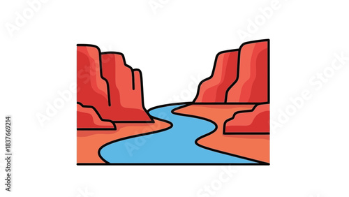 Graphic canyon image of red rock formations with a blue river running through, outlined in black