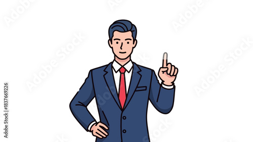 Man in blue suit with red tie, pointing up, hand on hip