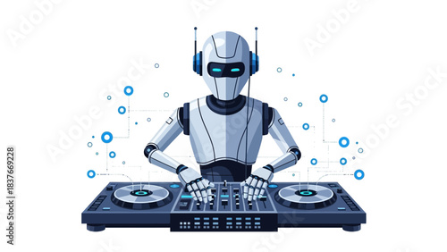 Robot DJ mixing music with futuristic mixer and headphones, on a white background with geometric network elements