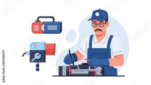 Man in overalls repairing equipment with tools, rendered in a flat vector style on a white background