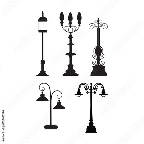 Elegant Lanterns and Street Lamps Quartet: Classic Designs, Ornate Details, Evening Illumination Charm