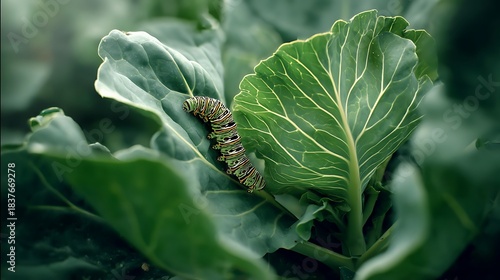 A cabbage plant with broad green leaves