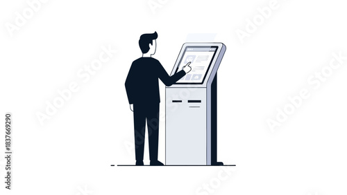 Man interacting with a self-service kiosk, selecting an option on the touchscreen interface