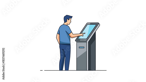 Man interacting with an electronic kiosk, touching the screen, in blue and grey color scheme on white background