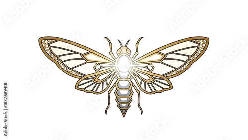 Stylized, golden, winged insect with a gleaming center on a stark white background