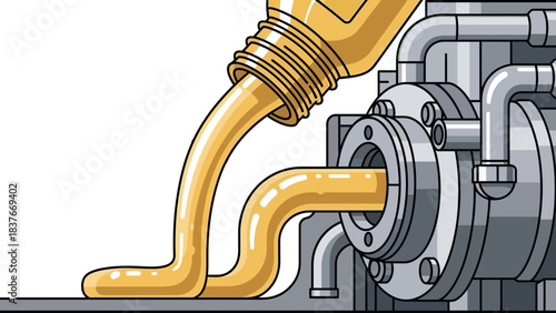 Graphic of lubricant being poured into industrial machinery, white backdrop, grey floor