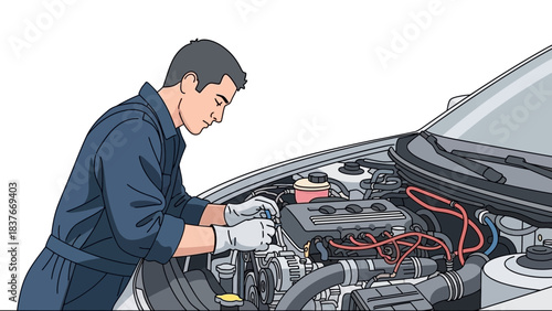 Mechanic in jumpsuit repairs a car engine with tools, gloves, in an illustration with a white background
