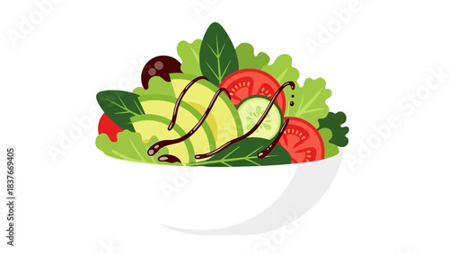 Vector image of a vibrant salad with avocado, tomatoes, greens, cucumber, drizzled with balsamic vinaigrette in a white bowl