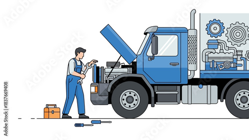 Mechanic working on a blue truck with open hood; toolbox and gears nearby