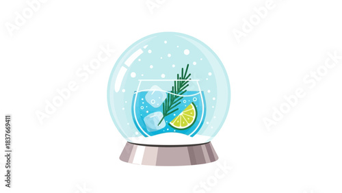 Vector image of cocktail inside a snow globe with ice cubes, lime and rosemary