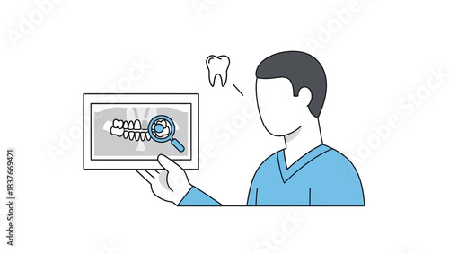 Medical worker inspects a tooth X-ray image with a magnifying glass near a symbolic tooth outline