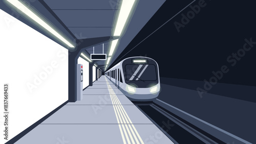 Metro train approaching station platform, illuminated with lights in a tunnel with tactile paving on the platform