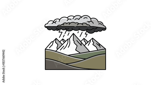 Graphic shows layered hills with snowy mountain peaks, overshadowed by a stormy cloud dropping lightning bolts