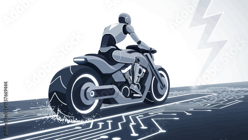 Robot on stylized motorcycle races down circuit board road, lightning strikes in the background
