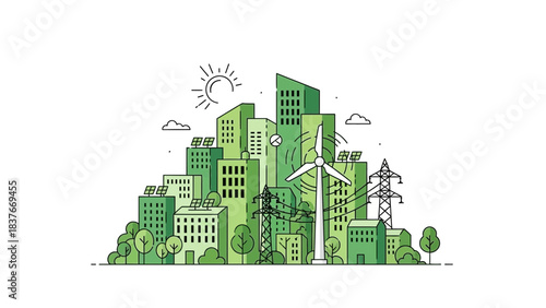 Green urban cityscape with wind turbine, solar panels, and trees in a minimalist line art style, with bright sun