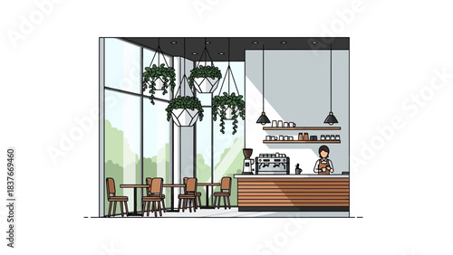 Minimalist drawing of a bright cafe interior with tables, hanging plants and a barista behind the counter