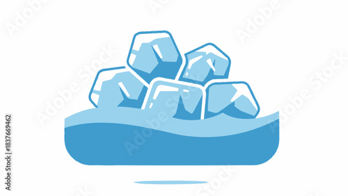 Stylized ice cubes in blue water; a simple, geometric design on a white background with a small shadow beneath