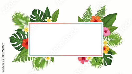 Vibrant tropical foliage and flowers frame a blank rectangular space on a clean white background