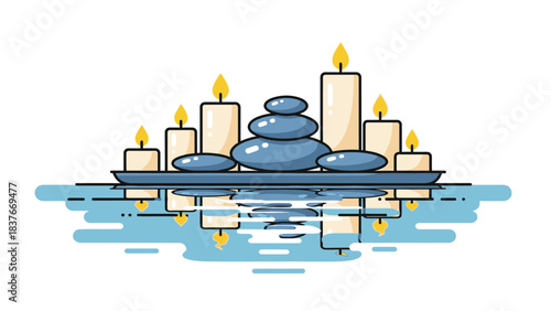 Minimalist depiction of candles and stones in water, reflected in still water, calming and peaceful