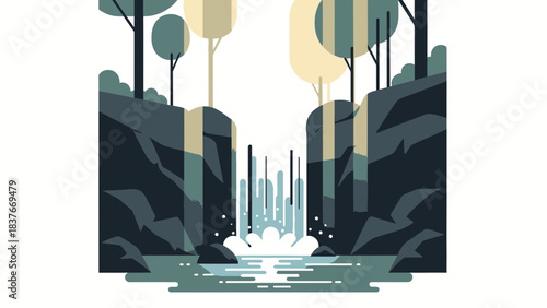 Minimalist forest scene featuring a waterfall between rocky cliffs and serene water, with trees above