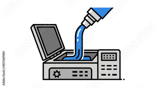 Grey printer with opened lid, blue liquid flowing in from pipe. Isolated graphic on white background