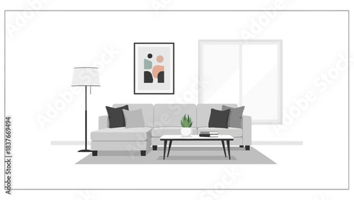 Grey sectional sofa faces window, with art, floor lamp, plant, and table atop carpet in minimal, bright living room