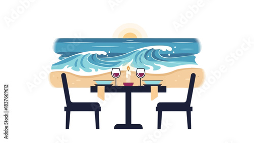 Romantic dinner table setting on a beach with ocean waves and a sunset in background