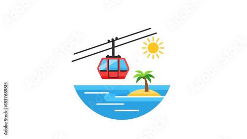 Stylized image red cable car over blue water, island w/ palm tree, shining sun, white background