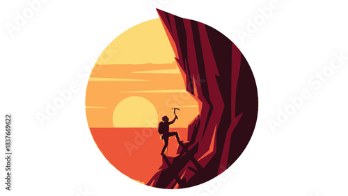 Rock climber ascends a steep cliff face at sunset, silhouetted against a round gradient background