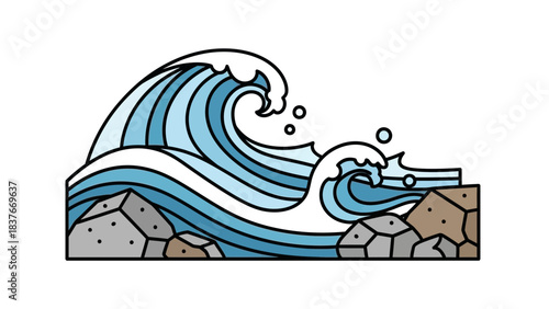 Stylized illustration of ocean waves crashing against rocks, rendered in flat color with black outlines