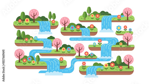 Whimsical waterfall landscape featuring tiered platforms, flowers, and trees in a playful, simplified cartoon style