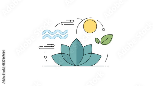 Stylized lotus with sun, leaves, and water icons in pastel colors, minimalistic line art, and clean background