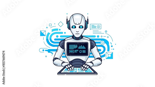 White robot with blue eyes, touches screen with data display, surrounded by graphic tech design on white background