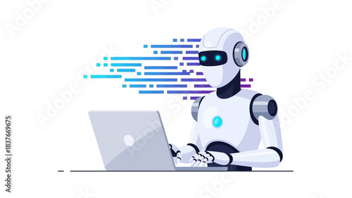 White robot with glowing blue details is typing on a silver laptop against streaks of blue gradient squares