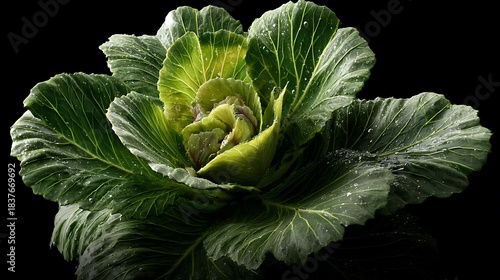 A cabbage plant with broad green leaves