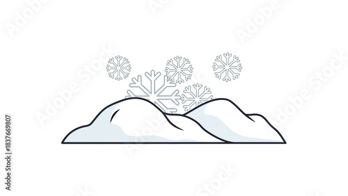 Winter scene depicts snow-covered hills with falling snowflakes in an outlined cartoon style on a white background