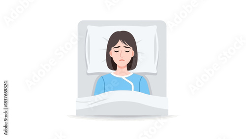 Sad woman lying in a hospital bed with a blue gown, looking downcast