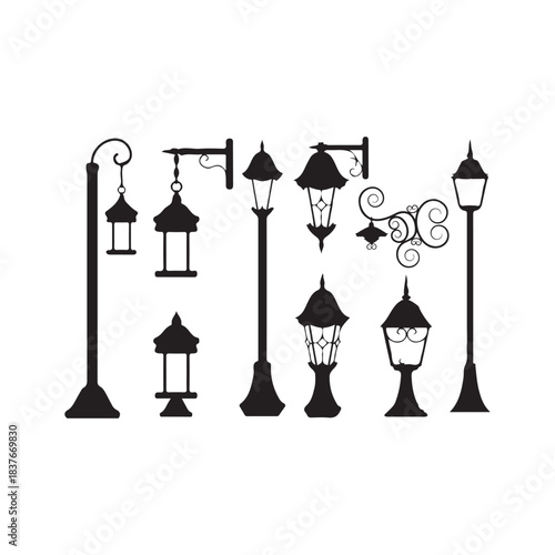 A Whimsical Streetlamp Ensemble: Silhouetted Lamps, Lanterns, and Curving Posts Casting Nighttime Charm