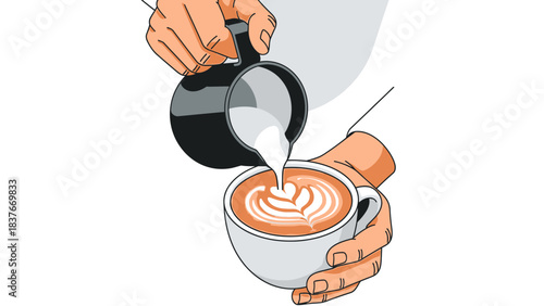 Hands pour milk into coffee, creating latte art in a white cup against a white background