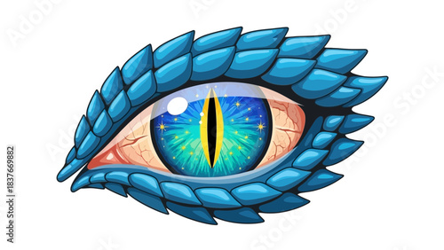 Scaled blue eye, glowing inner light and yellow slit pupil, gazing intensely