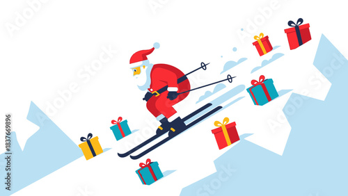 Santa skiing downhill surrounded by gifts on snow covered slopes with white background in a stylized flat design