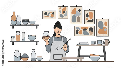Woman paints ceramic pot in cozy studio, shelves displaying pottery. Abstract art hangs on wall