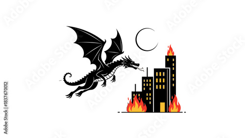 Silhouette dragon flies over a burning city, with a thin crescent moon above, against a stark white background