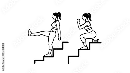 Woman performs stair exercises, a leg extension and a squat, in a vector outline on a white background