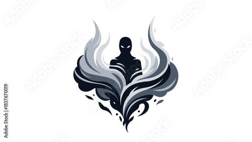 Silhouette figure shrouded in swirling, stylized grey smoke against a stark white backdrop, creating a mysterious image